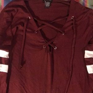 Burgundy white strip long sleeves with tie neck
